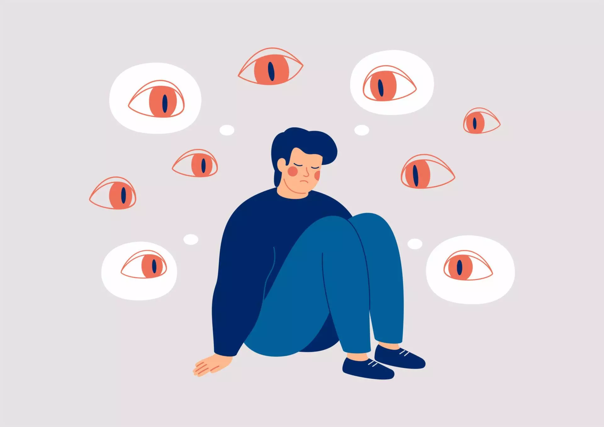Man surrounded by giant eyes feeling overwhelmed and helpless stock illustration