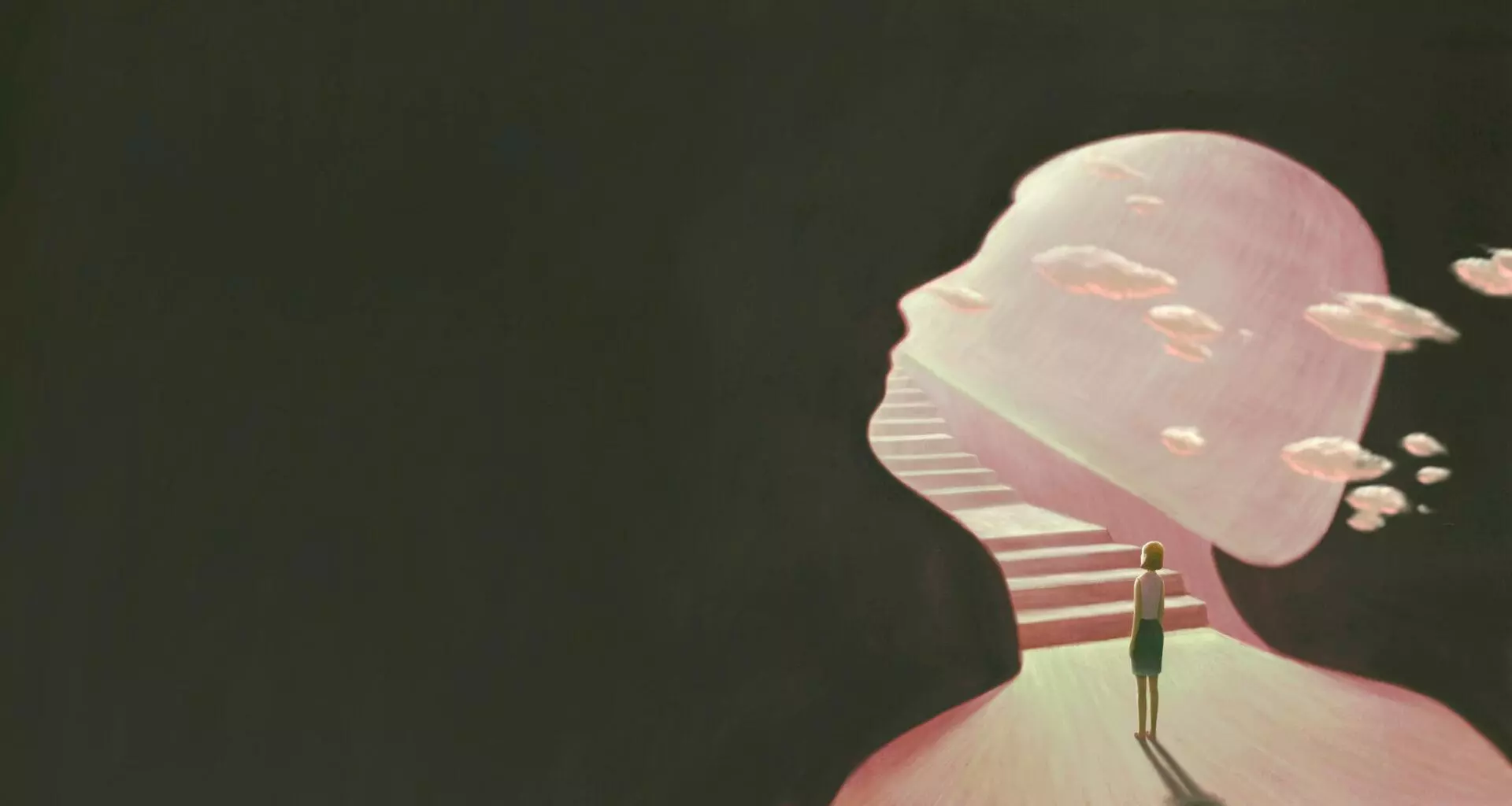 Illustration of a person standing at the beginning of a staircase that leads into the silhouette of a human head profile.