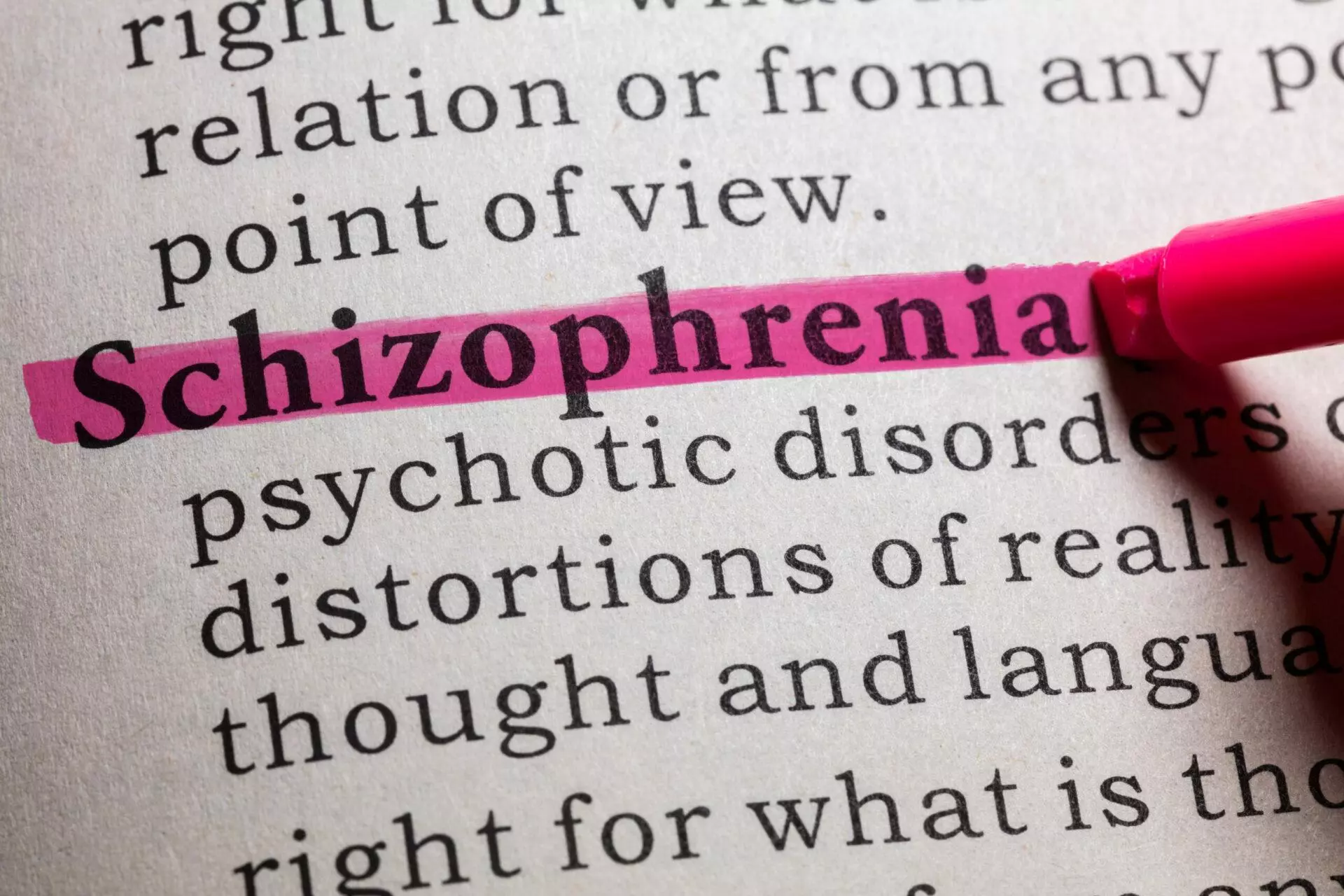 Image of the word schizophrenia in a dictionary highlighted in pink