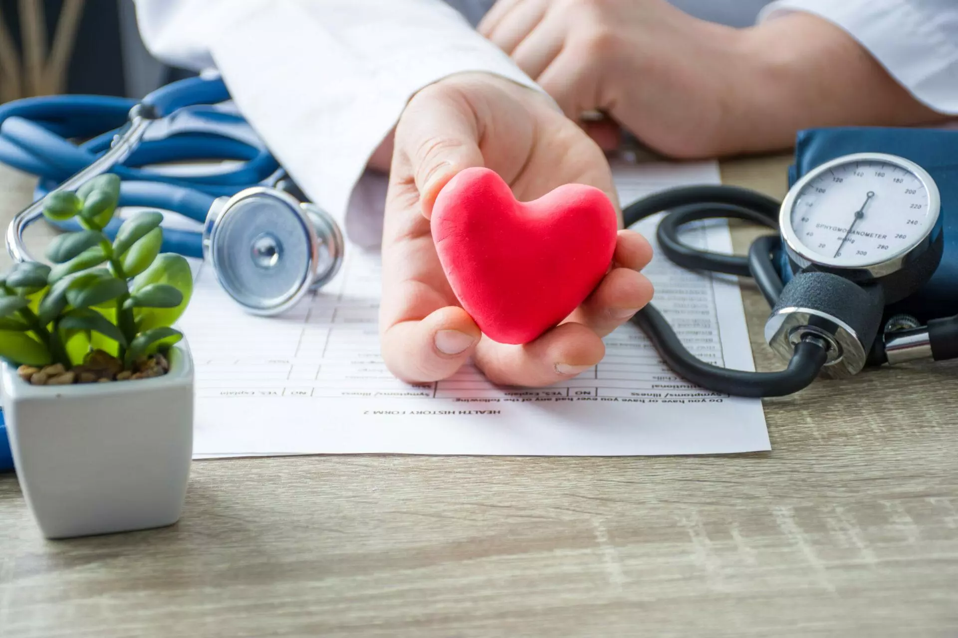 Doctor holding in his hands a figure of red card heart